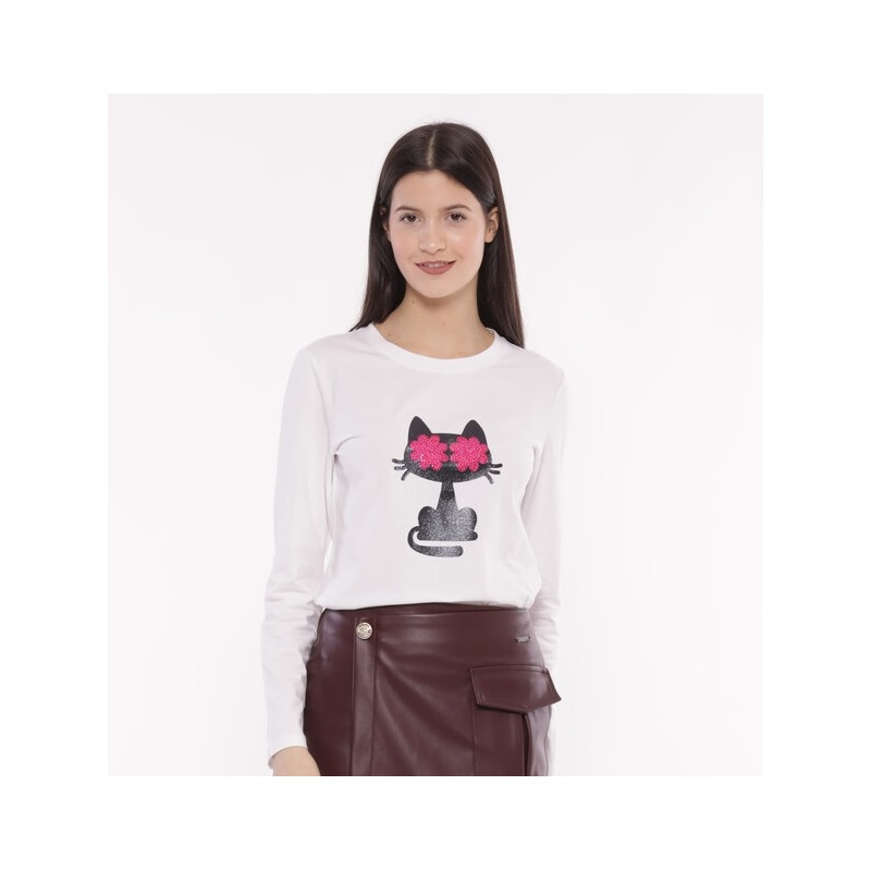 Camiseta Estampada Gato con Flores